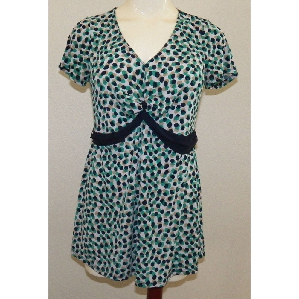 Motherhood Maternity Shirt Top Size Small V-Neck Short Sleeves Dots Green Blue